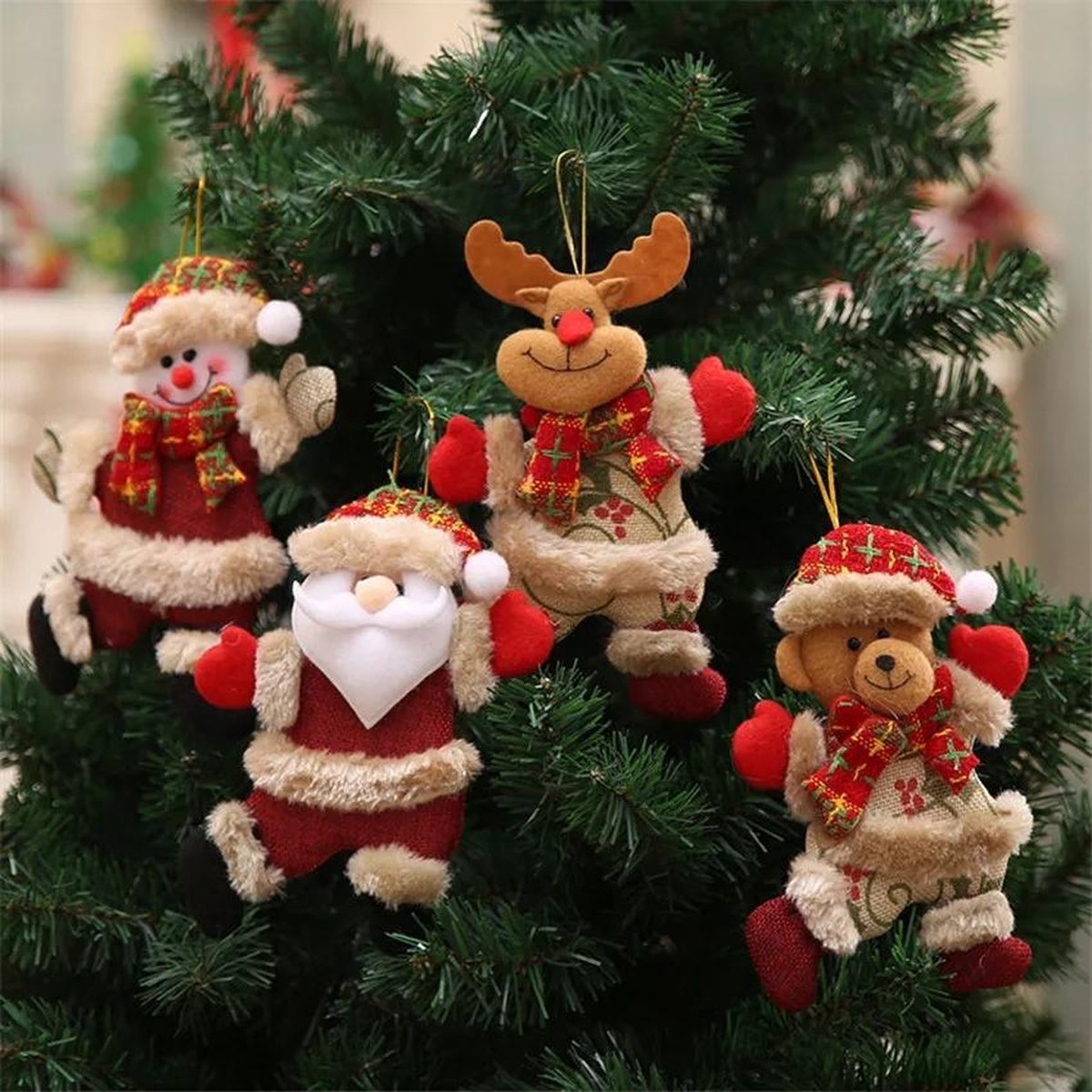 Kerstboomhangers - Set van 4 - Stoffen kersthangers - Rendier, kerstman, sneeuwpop en beer - Kerst decoratie - Winter