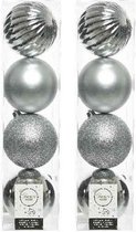 8x Zilveren kunststof kerstballen 10 cm - Mix - Onbreekbare plastic kerstballen - Kerstboomversiering zilver
