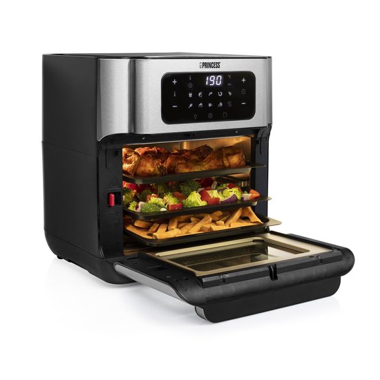 Princess Airfryer Oven 182065 - Heteluchtfriteuse en Oven in één - Groot 10 liter - 3 bakplaten - rotisseriemand - RVS - touchscreen - High Speed Air Convection Technology