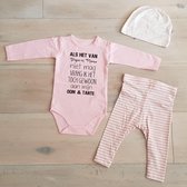 Baby Meisjes Setje 3-delig  newborn | maat 62-68 | roze mutsje beertje roze broekje streep en roze romper lange mouw met tekst zwart Als het van papa en mama niet mag vraag ik het toch gewoon aan mijn oom en tante  | Bodysuit | Huispakje | Kraamkado