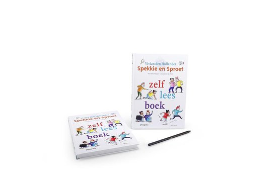 Twee boeken "Spekkie en Sproet" en een pen op een witte achtergrond.