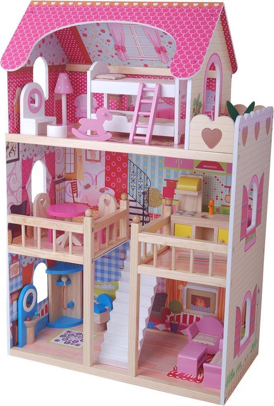 Bandits & Angels houten poppenhuis House of Angels - 3 jaar - 90 cm hoog - inclusief 15 meubeltjes - roze