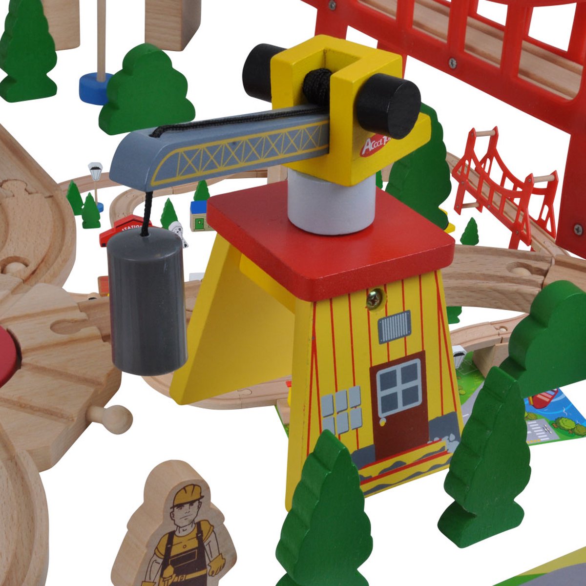 Bandits & Angels Houten Treinset 100 delig met Grondplaat vanaf 3 jaar voor Jongens en Meisjes - Trein Set van Hout met 100 delen - inclusief 2 Treinen en Grondplaat - Treinbaan voor Kinderen met Accessoires — afbeelding 5