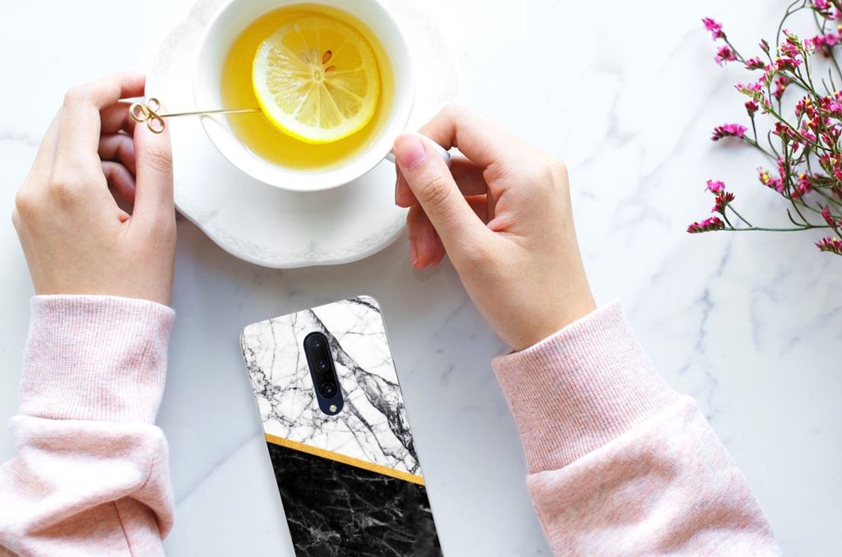 OnePlus 7 Pro TPU Siliconen Hoesje Marmer Wit Zwart - Origineel Cadeau Man