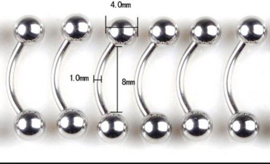 Zilverkleurige wenkbrauw piercing ca. 4mm balletjes, 8 mm staafje van 1mm  dik | bol.com