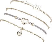 Joboly Set armbanden pijl hart diamant bolletjes coin 4 delig - Dames - Zilverkleurig - 17 cm