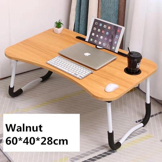 Bedtafel voor laptop, iPad, tablet, boek, huiswerk of ontbijt op bed - Opklapbare laptoptafel met bekerhouder - 60x40x28 - hout