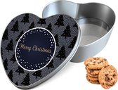 Bewaarblik in Hartvorm - Koektrommel met Snowy Christmas Trees Design