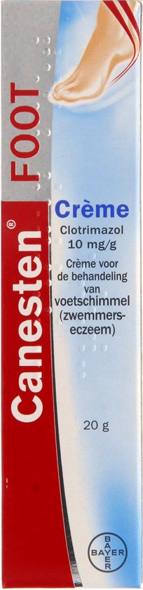 Canesten FOOT crème 20g voor de behandeling van voetschimmel. Met afbeelding van een voet.
