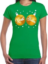 Fout kerst t-shirt groen met gouden kerst ballen borsten voor dames - kerstkleding / christmas outfit S