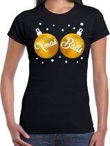 Fout kerst t-shirt zwart met goudenXmas balls borsten voor dames - kerstkleding / christmas outfit S