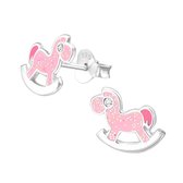 Joy|S - Zilveren hobbelpaard oorbellen glitter roze 10 x 8 mm paardje