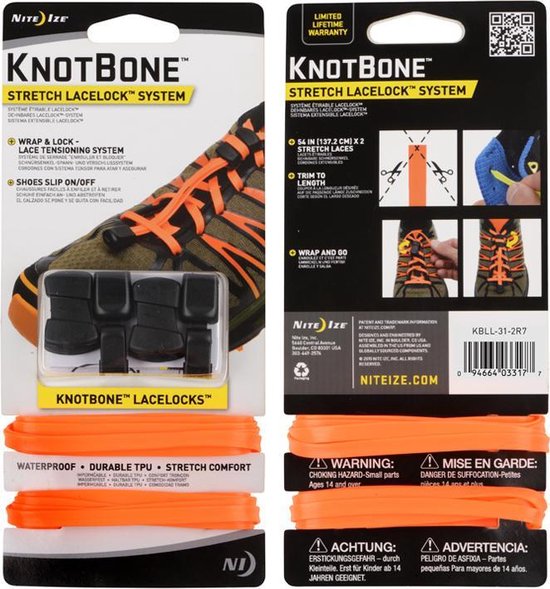 Verpakking met oranje, zwarte en witte Nite Ize KnotBone stretch veters met oranje schoenensluitingen.