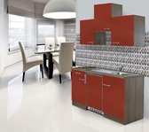Goedkope keuken 150  cm - complete kleine keuken met apparatuur Oliver - Donker eiken/Rood - elektrische kookplaat  - koelkast          - mini keuken - compacte keuken - keukenblok