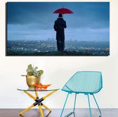 Canvas Schilderij * Moderne Stad met Man met Paraplu * - Kunst aan je Muur - Realistisch - Kleur - 50 x 100 cm