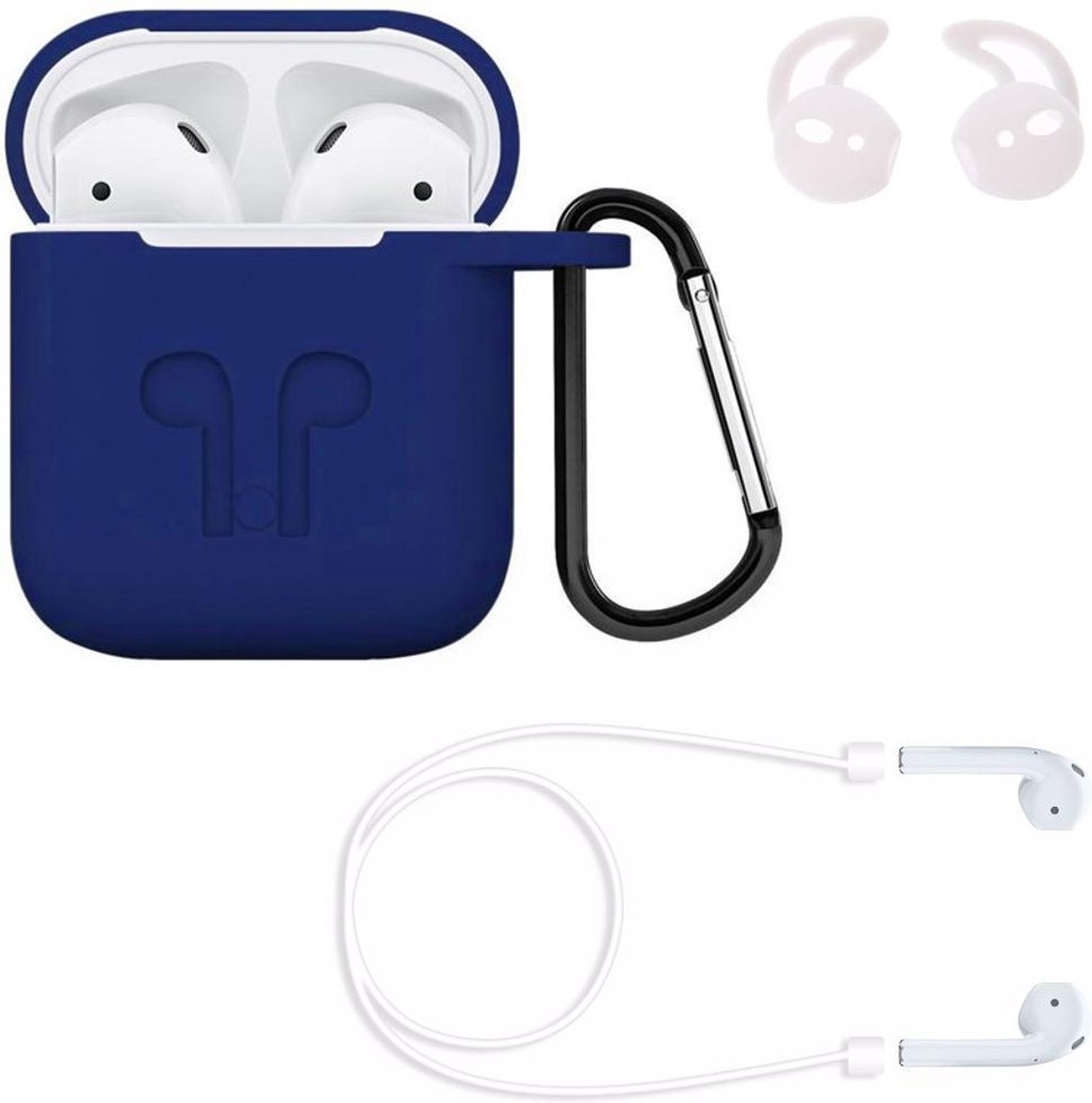 KELERINO. Hoesje geschikt voor Airpods 1 / 2 - 3 in 1 set (Case voor Airpods + strap + earhoox) - Donker Blauw