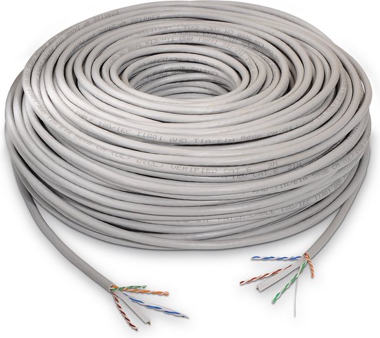 Câble réseau RJ45 Cat.6 UTP rigide AWG24, gris, bobine de 100 mètres, 100 % cuivre pour l'installation