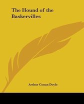 Boek The Hound of the Baskervilles door Arthur Conan Doyle, met een gele achtergrond en een gouden veer.