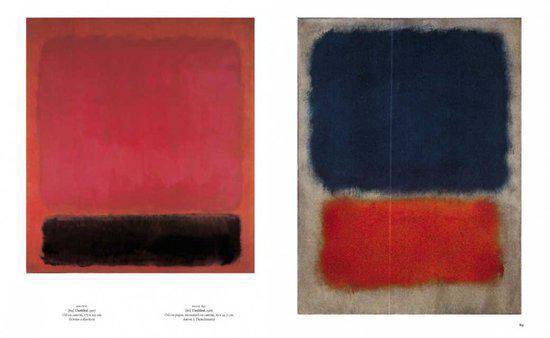 Twee abstracte schilderijen van Rothko: één met rood en zwart, de ander met donkerblauw en rood.
