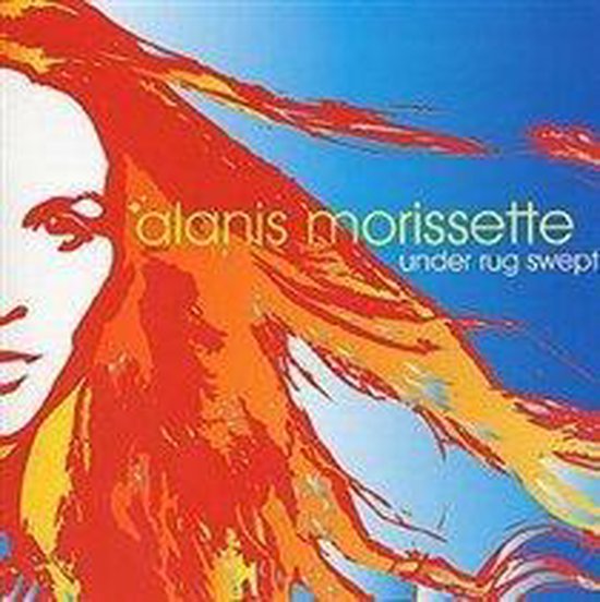 Alanis Morissette's gezicht met wervelend rood en oranje haar tegen een blauwe achtergrond. Titel: 'under rug swept'.