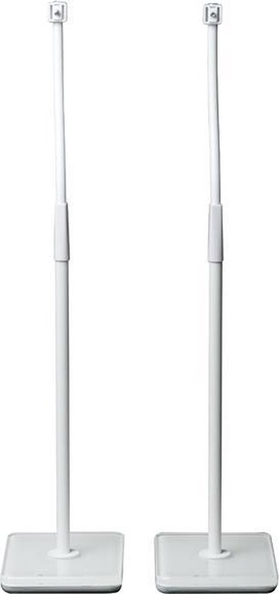 Twee witte Cambridge Audio speakerstands met vierkante voet.