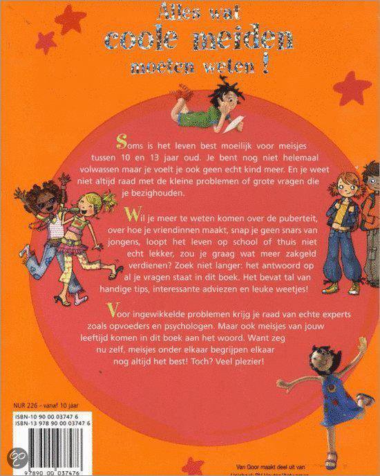Achterkant van het boek 'Alles wat coole meiden moeten weten!' met illustraties van tieners.