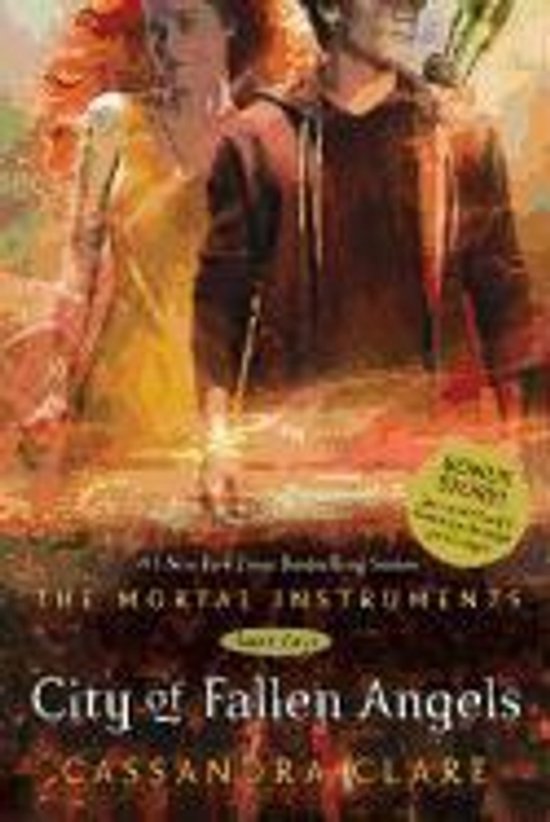 Cover van "City of Fallen Angels" uit "The Mortal Instruments" serie, met twee personen op de achtergrond en tekst.