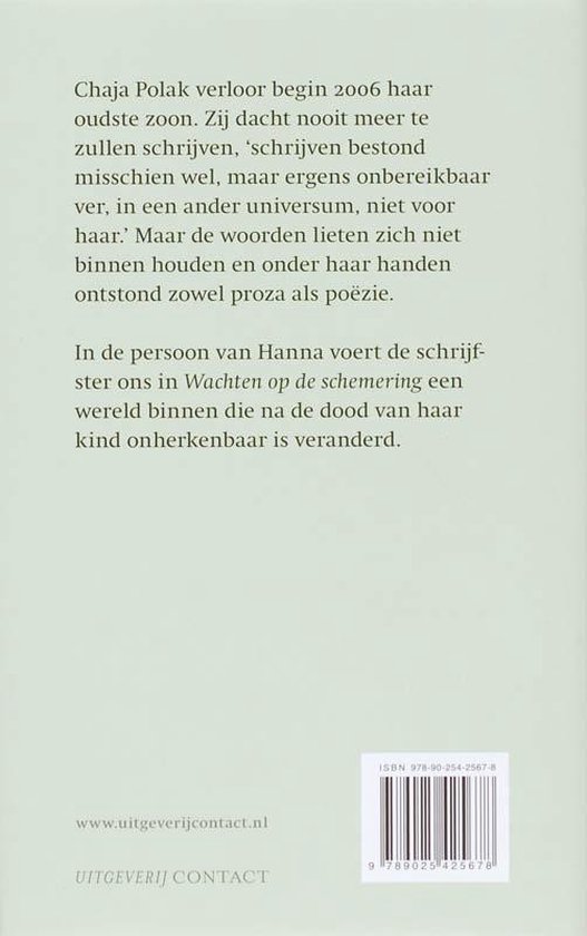 Boekrug met tekst over Chaja Polak en haar roman 'Wachten op de schemering'.
