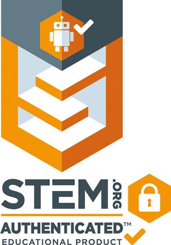 STEM.org Geauthenticeerd Educatief Product logo met een robot en slot.