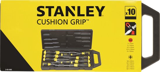 Doos Stanley Cushion Grip schroevendraaiers met 10 stuks, zwart en geel.