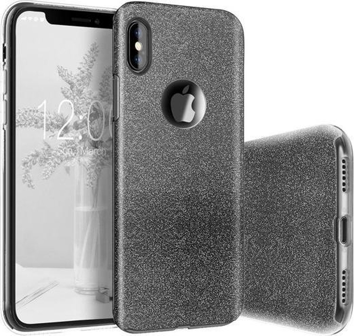 HB Hoesje Geschikt voor Apple iPhone X / XS - Glitter Back Cover - Zwart