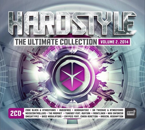 Cover van Hardstyle The Ultimate Collection Vol. 2 2014 met een futuristisch roze hexagoon-logo op een blauwe achtergrond.