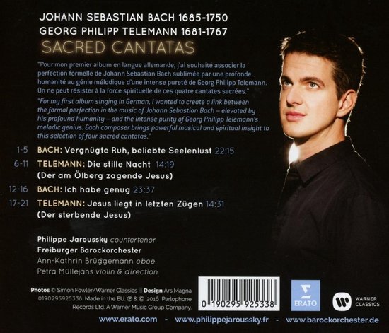 CD-boekje met tekst over Bach en Telemann. Mannelijke sopraan Philippe Jaroussky staat op de achtergrond.