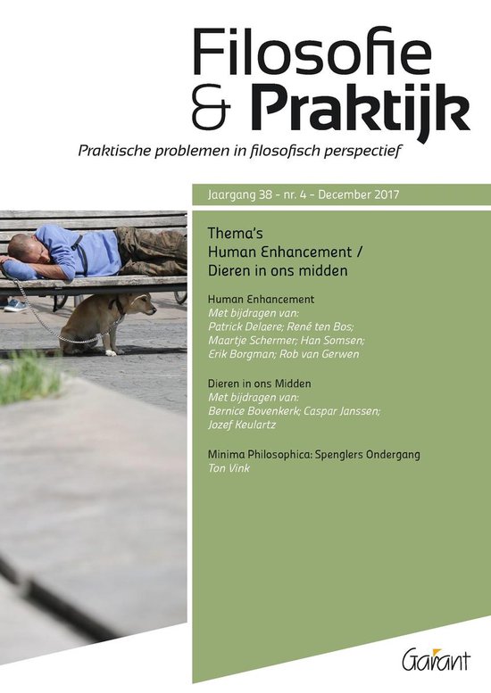 Man slaapt op een bankje, hond kijkt naar hem. Titel: Filosofie & Praktijk, Thema's: Human Enhancement / Dieren in ons midden.