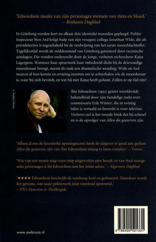 Quatrième de couverture du livre 'Verloren Ziel' avec une photo de Åke Edwardson et des critiques.