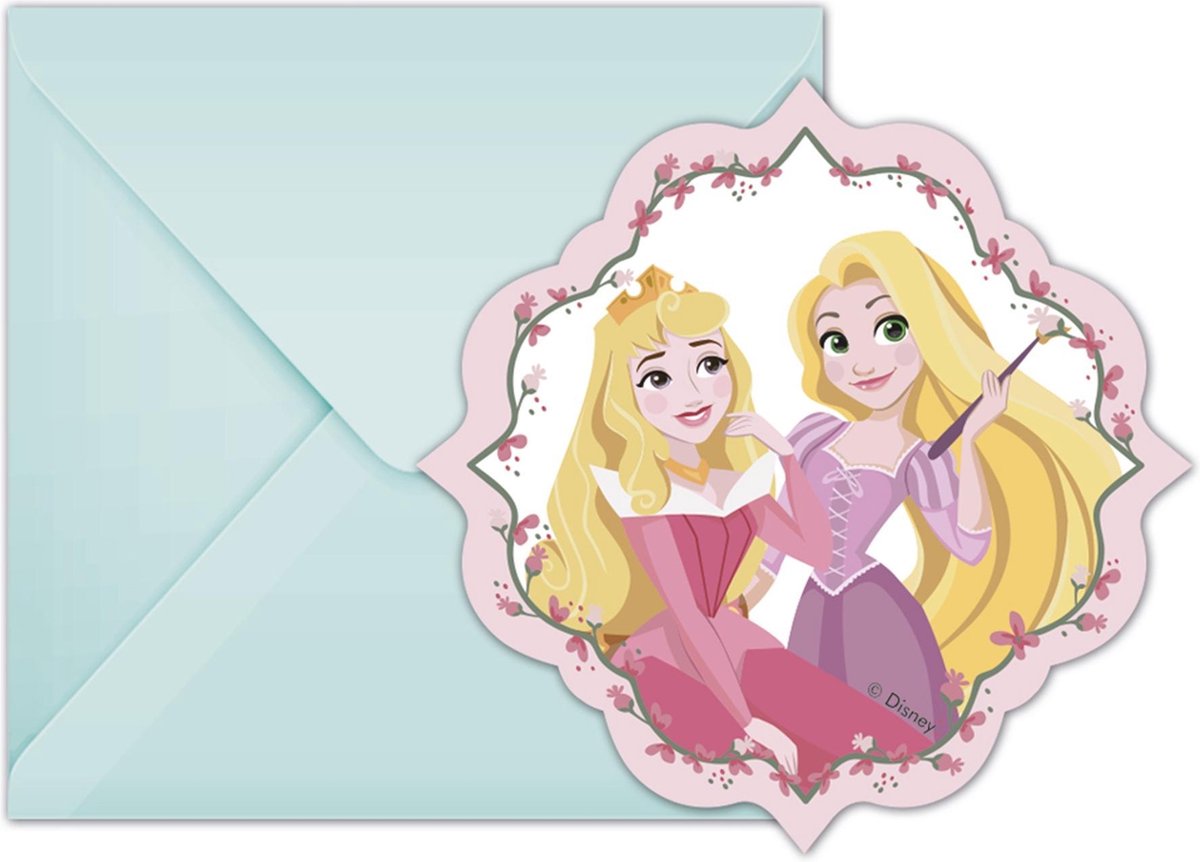 6 Disney Princesses™ uitnodigingen en enveloppen - Feestdecoratievoorwerp