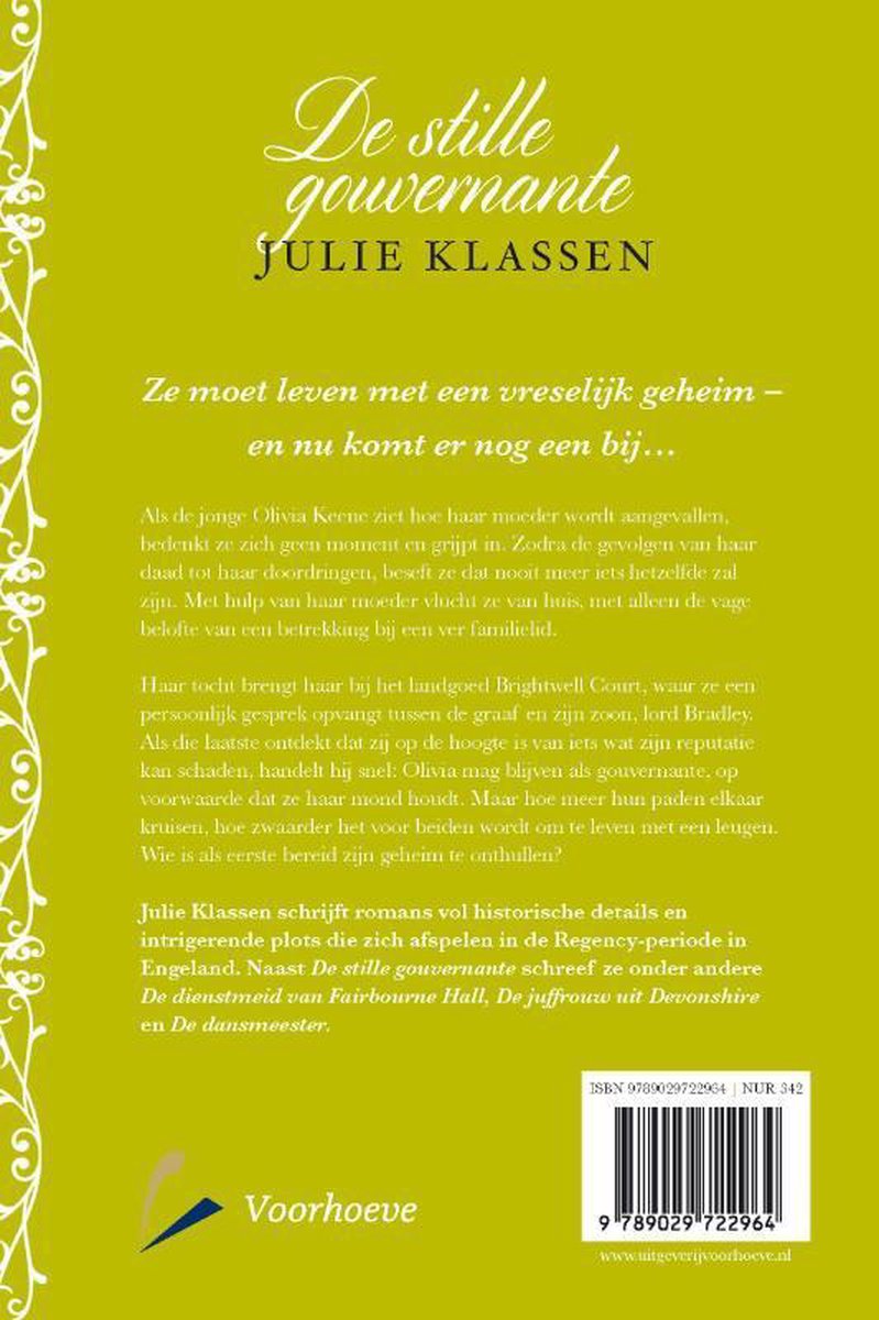 Boekkaft van 'De stille gouvernante' met de titel, auteur en een samenvatting.