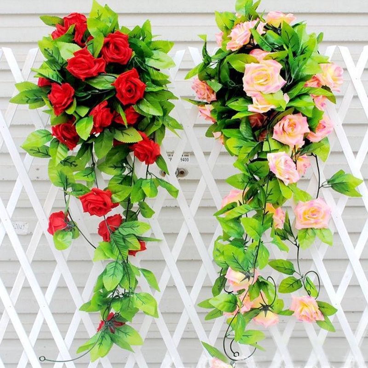 Amacoam bloemenslinger van kunstbloemen, hangende rozen, slinger, namaakbloemen, slinger, voor thuis, muur, tuin, bruiloft, strik, bloemschikking, decoratie, 2 stuks, 230 cm, 16 bloemen