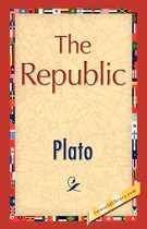 Boekcover van 'The Republic' van Plato, met een wereldkaart en vlaggetjesrand.