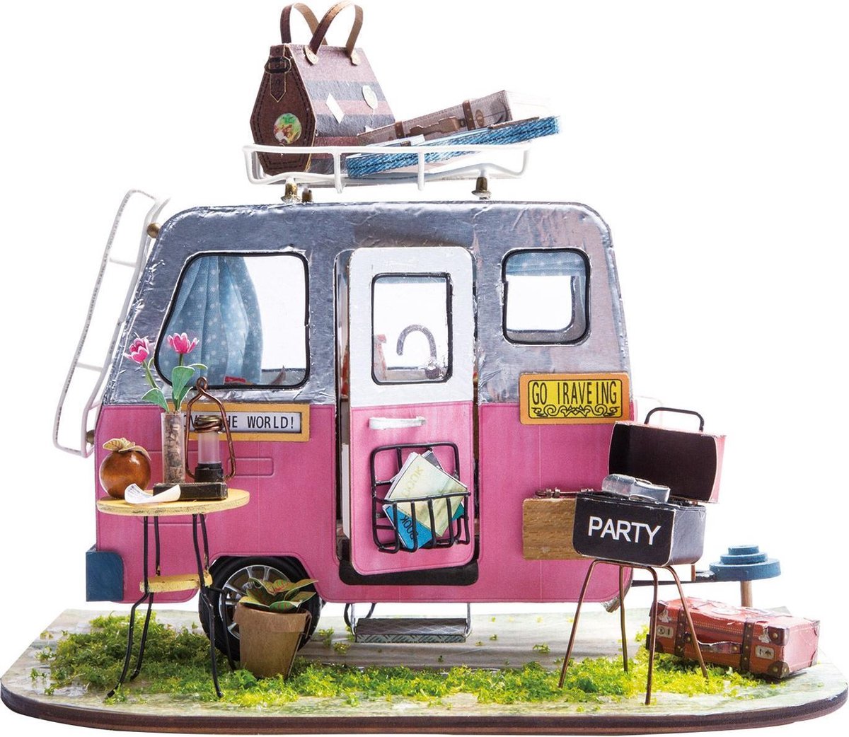 Robotime Vrolijke Camper DGM04 - Houten Modelbouw - Miniatuur bouwpakket Mini Poppenhuis met LED licht - DIY