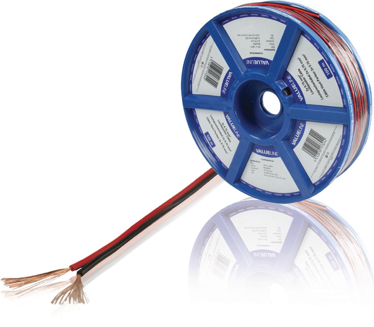 Valueline Eenvoudige zwart/rode speakerkabel haspel - 2x 0,75mm - CCA - 100 meter