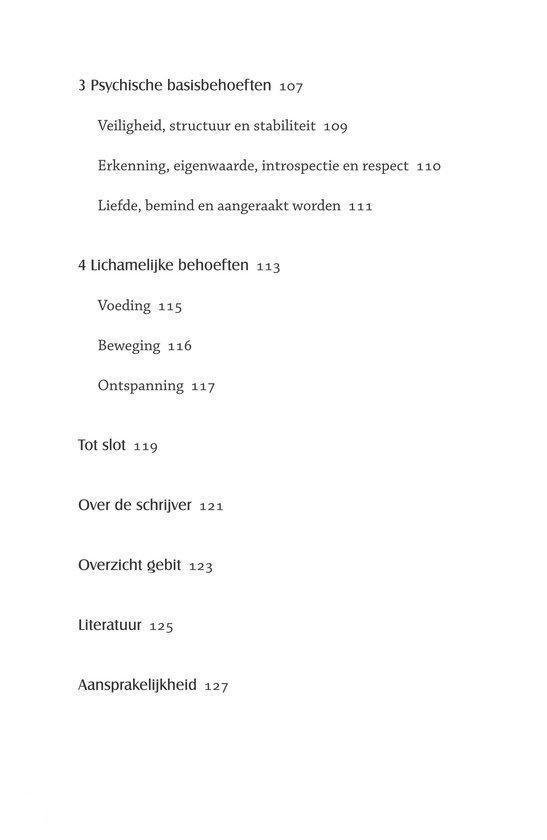 Inhoudsopgave van een boek met hoofdstukken over psychische en lichamelijke behoeften, voeding, beweging en ontspanning.