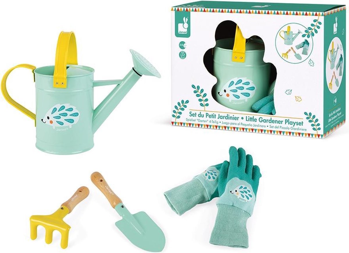 Janod Happy Garden - Complete Tuinierset - Help Mee In De Tuin Met Deze Tuinierset! - De Set Bevat Een Gieter Een Hark Een Schep En Een Paar Handschoenen - Geschikt Vanaf 3 Jaar