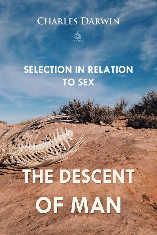 Boek met de titel "The Descent of Man" en "Selection in Relation to Sex". Een skelet ligt op de voorgrond.