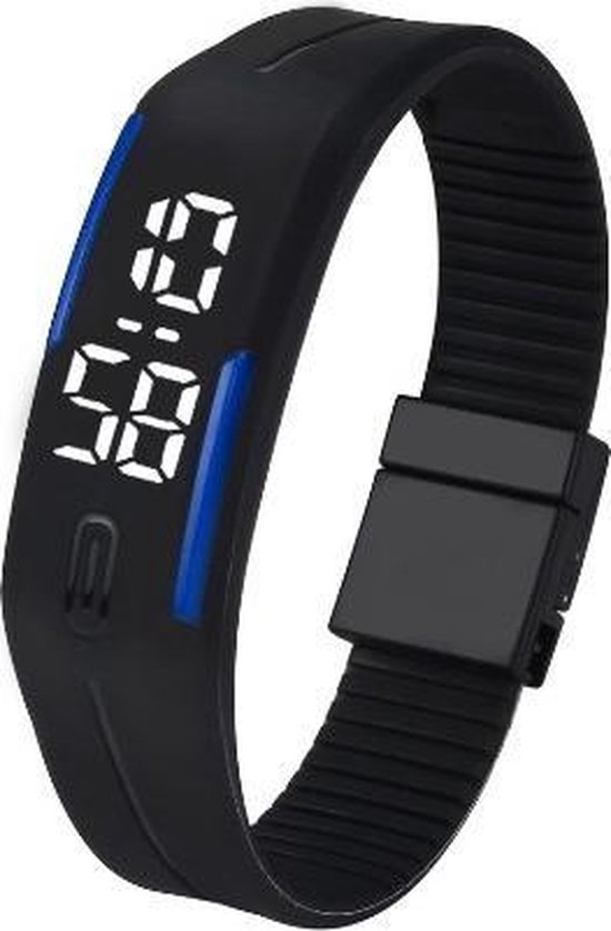 LED Horloge GADGET (valt groot) Kinderen Tieners - Rubber - 20 mm – Zwart/ blauw – geschikt vanaf 12 jaar - I-deLuxe verpakking - I-deLuxe