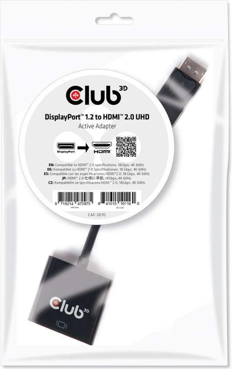 club3D CAC-2070 DisplayPort Adapter [1x DisplayPort stekker - 1x HDMI-bus] Zwart