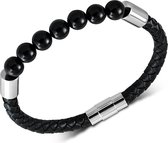 Amanto Armband Feiko B - Leer - Zwarte Agaat - Magnetisch - 8mm - 22cm