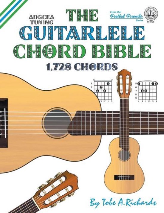 De voorkant van 'The Guitalele Chord Bible', met 1.728 akkoorden en ADGCEA-stemming. Gitaar en guitalele afgebeeld.