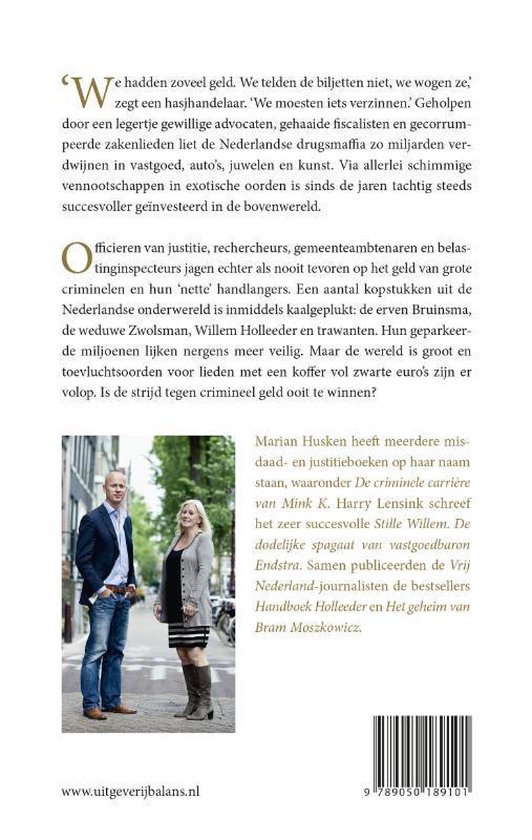 Man en vrouw staan voor een gebouw. Tekst over de auteurs Marian Husken en Harry Lensink.