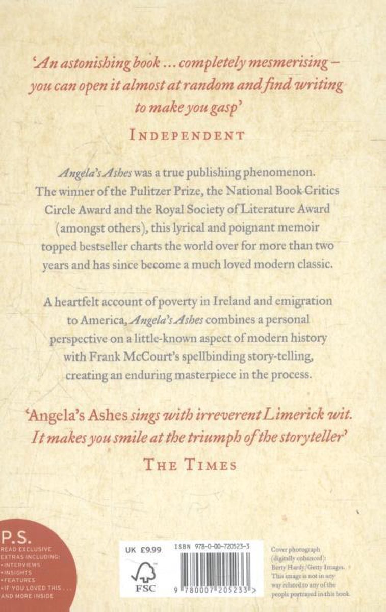 Achterkant van het boek 'Angela's Ashes' met recensies en productinformatie.